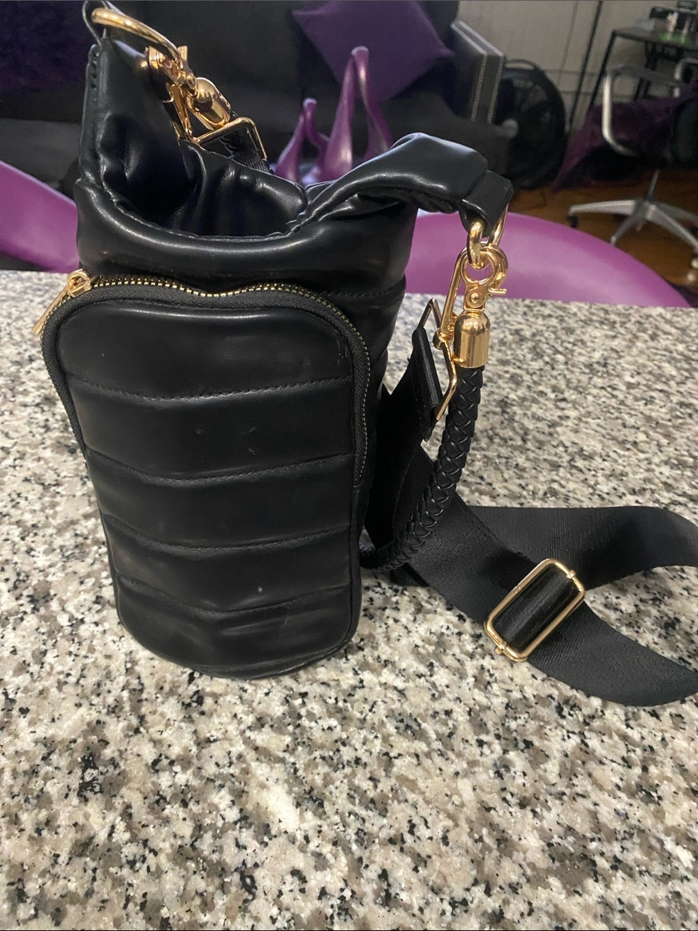 Black Quilted Crossbody Bottle Bag with Gold Hardware